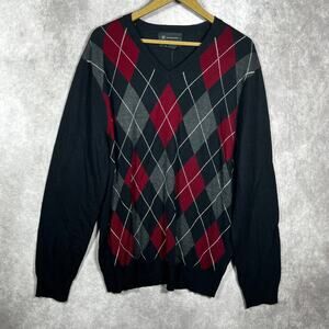 INC International Concepts Merino Wool Sweater Mens Size XL‎ Black Argyle Blend